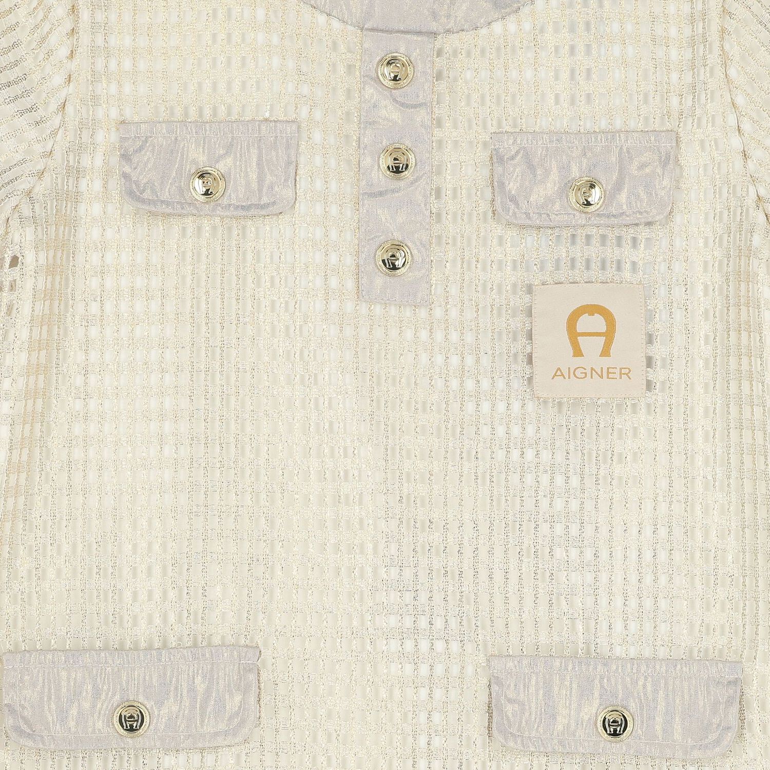 فستان للبنات باللون العاج والذهبي بشعار, 1, hi-res