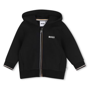Younger Boys Black Logo Hooded Zip Up Top
