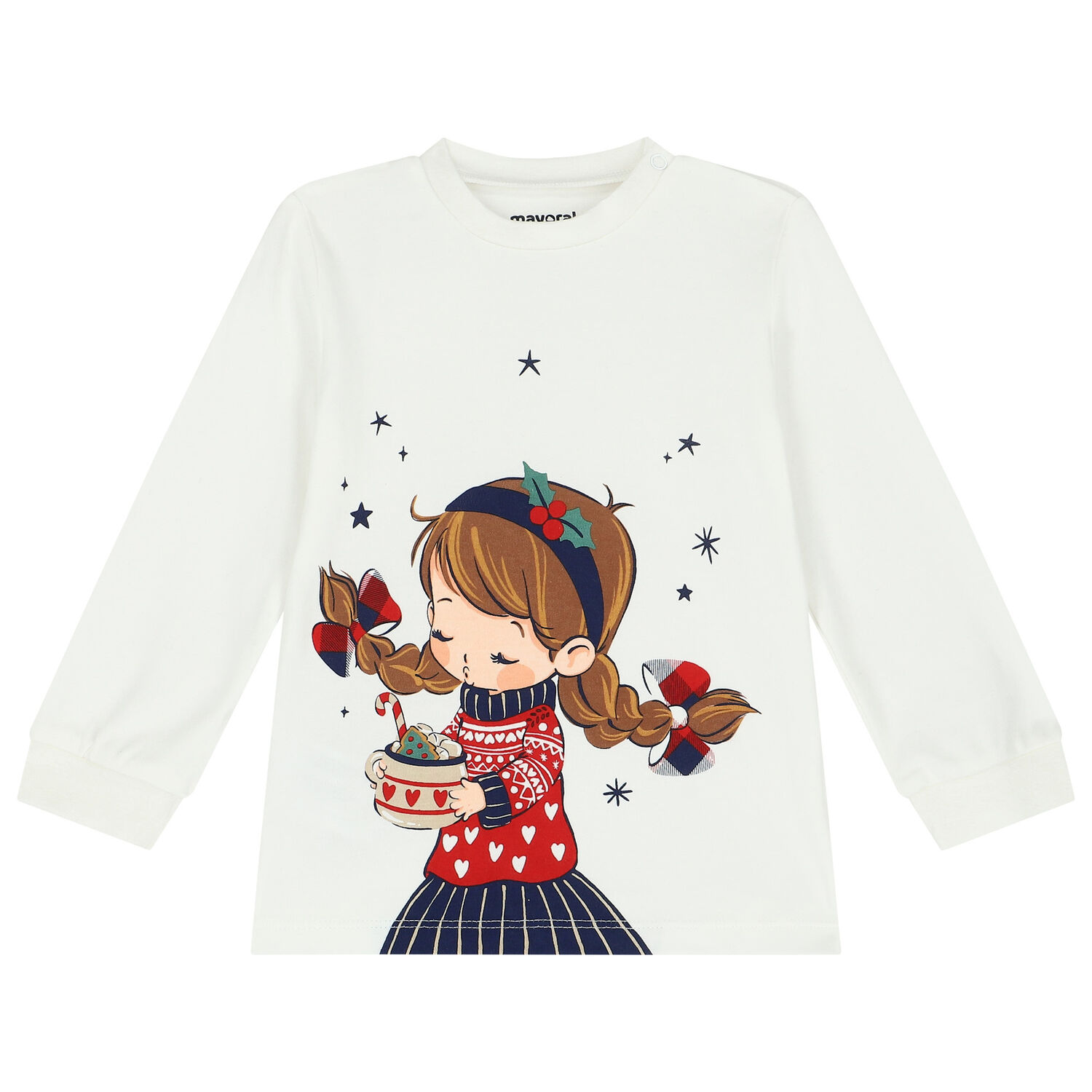 Younger Girls Ivory & Red Festive Pyjamas, 1, hi-res
