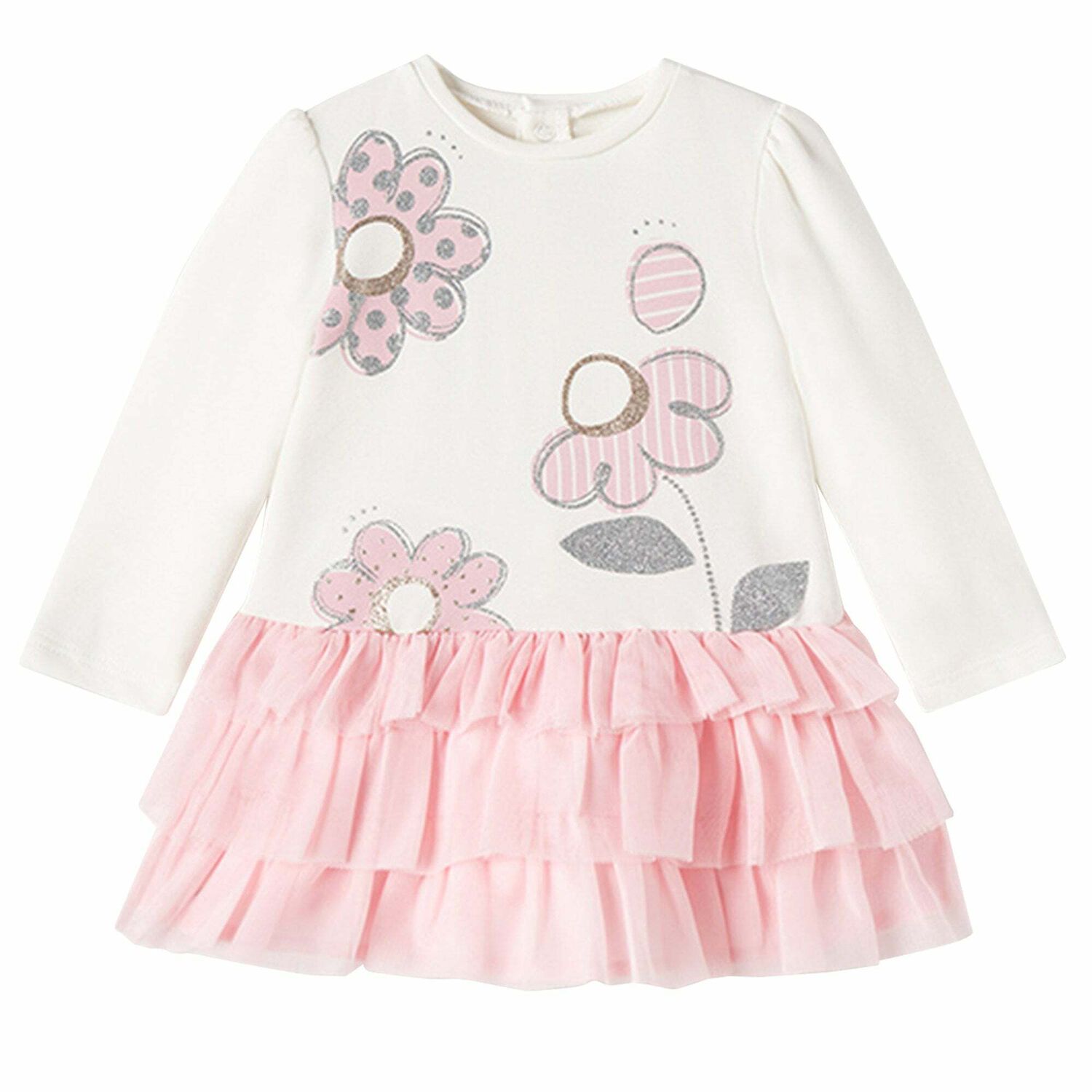 Younger Girls Pink & Ivory Tulle Dress, 1, hi-res