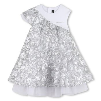 Girls White & Silver Logo Sequinned Organza Dress 