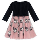 فستان مخملي باللون الكحلي والزهري, 1, hi-res