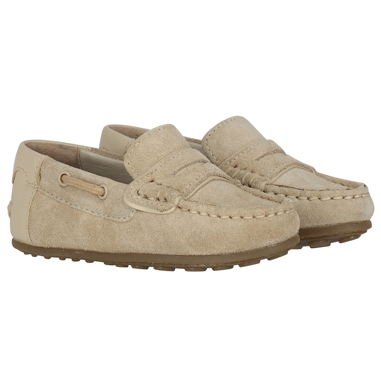 Younger Boys Beige Suede Leather Moccasins, 1, hi-res