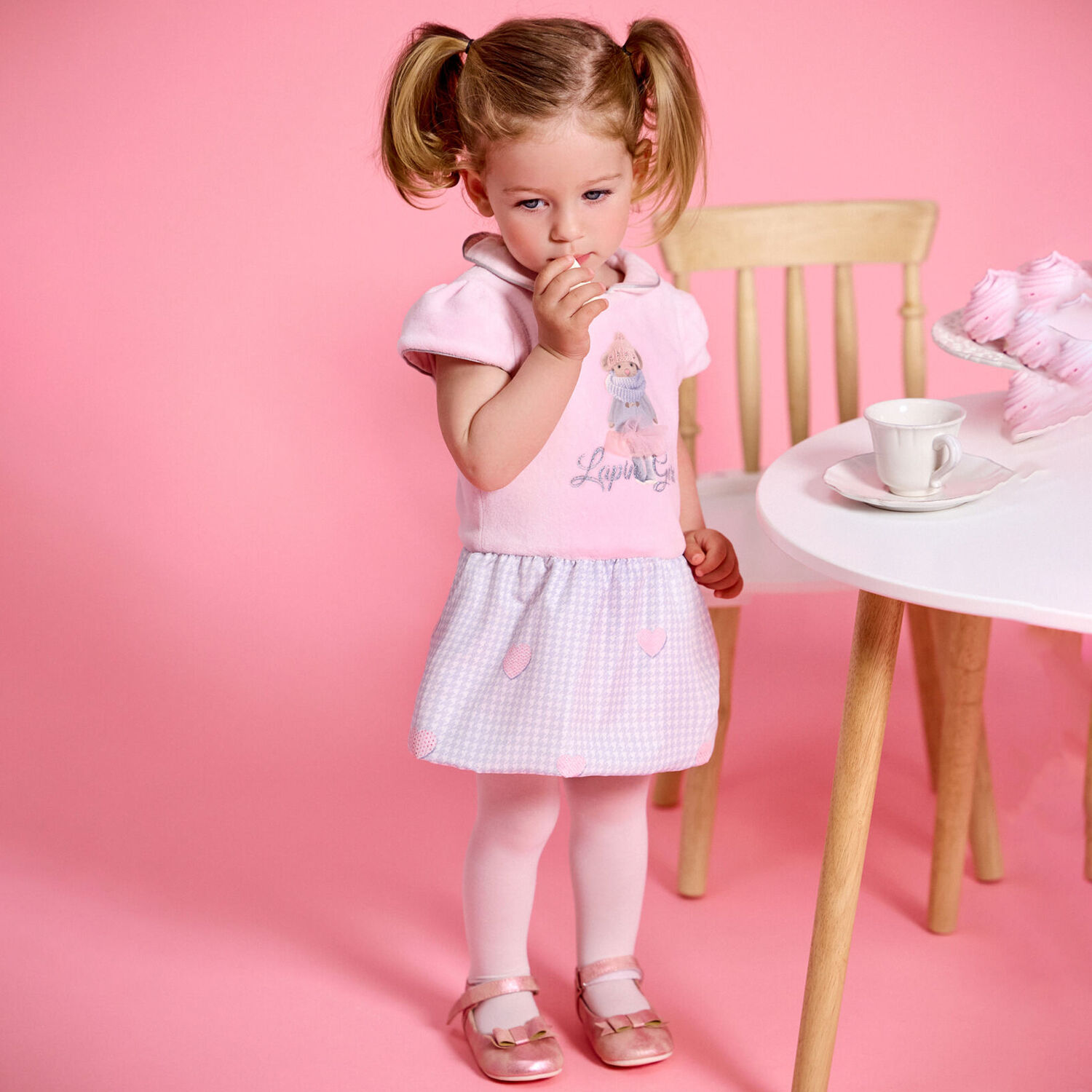 فستان بنات بطبعة باللون الوردي والرمادي, 1, hi-res