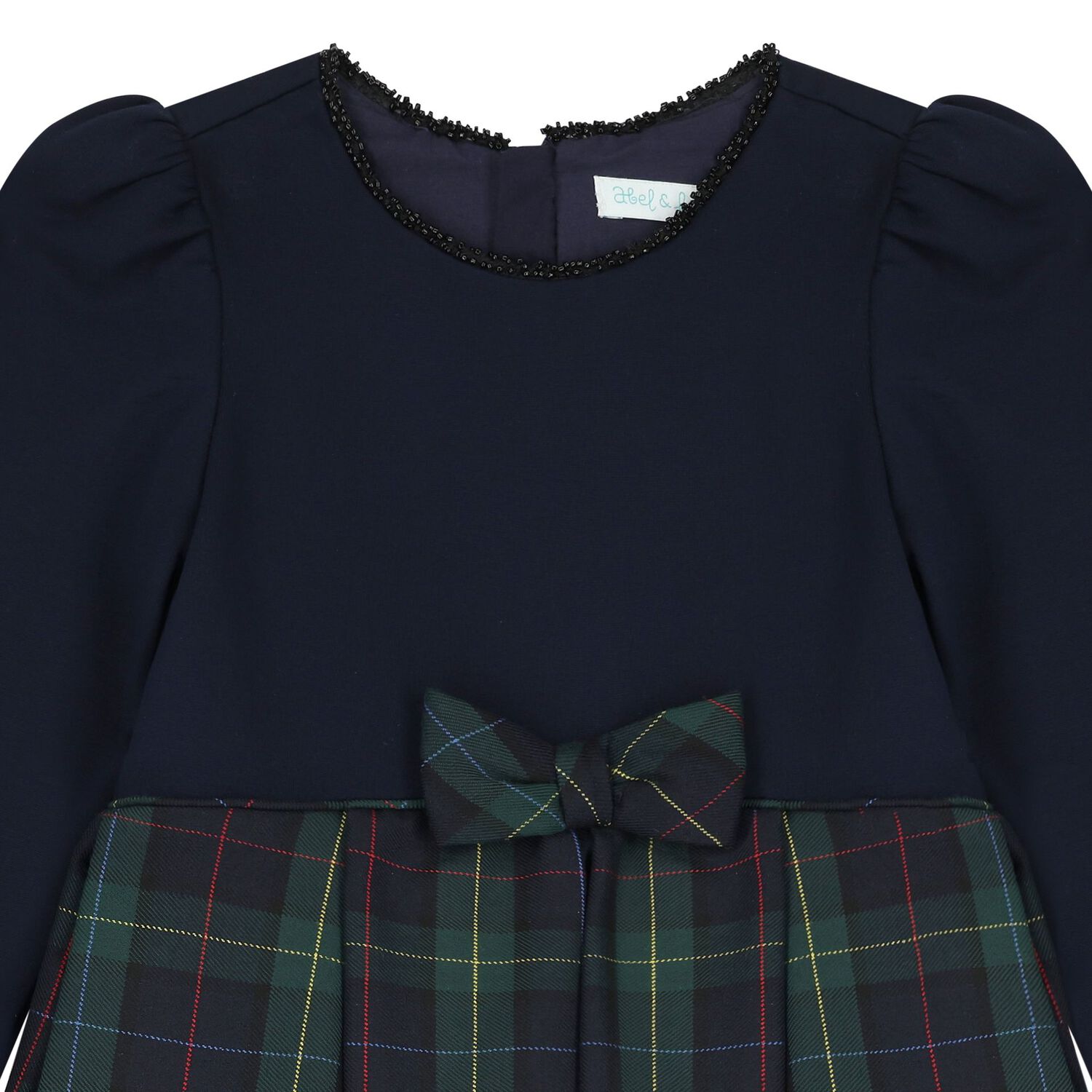 Girls Navy Blue & Green Tartan Bow Dress, 2, hi-res image number null