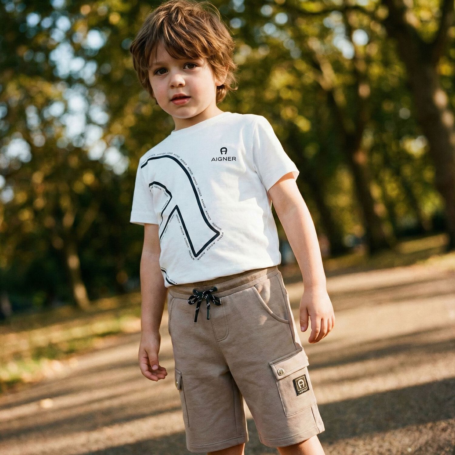 Boys Beige Logo Shorts, 3, hi-res