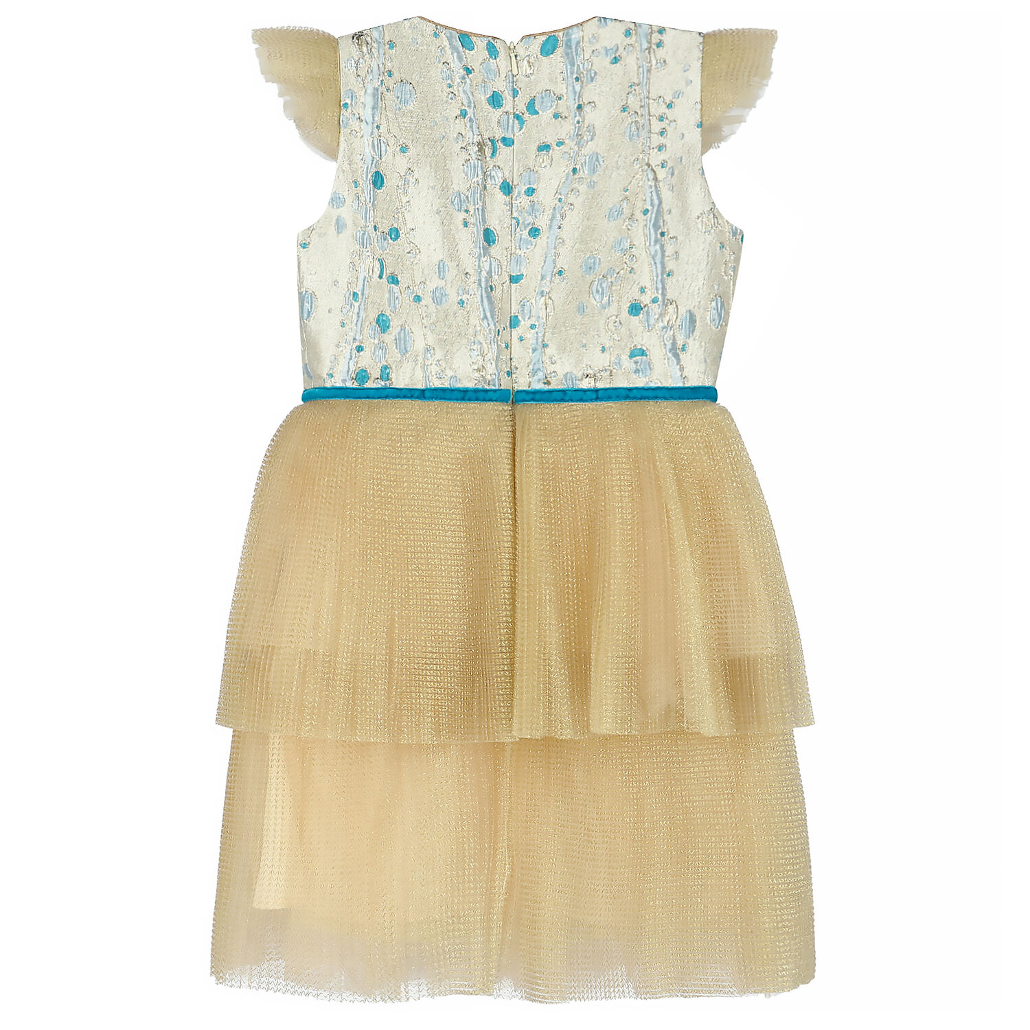 Girls Gold & Turquoise Special Occasion Tulle Dress, 1, hi-res