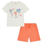 Girls White & Orange Floral Shorts Set, 1, hi-res