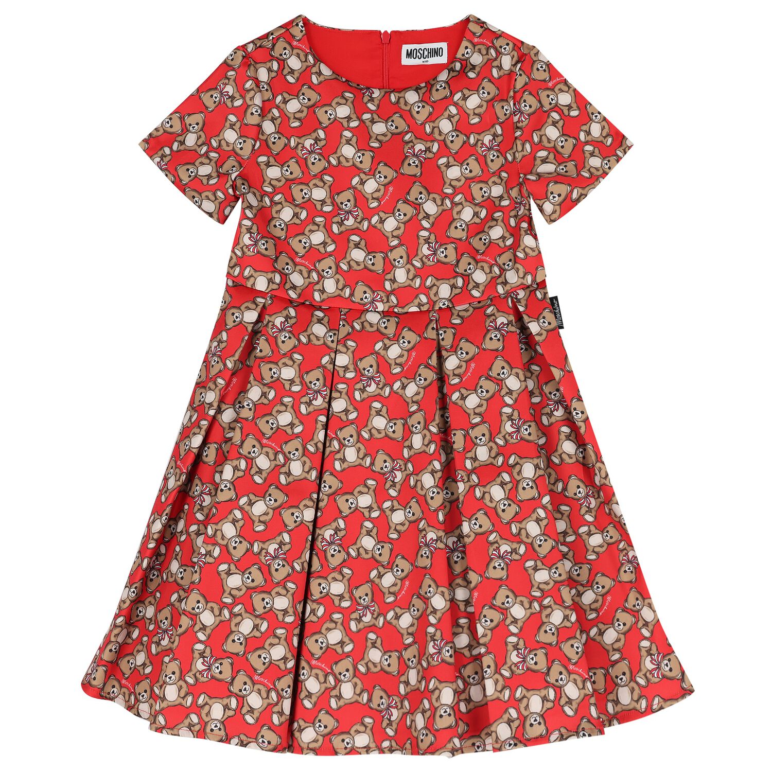Girls Red Teddy Bear Logo Satin Dress, 1, hi-res
