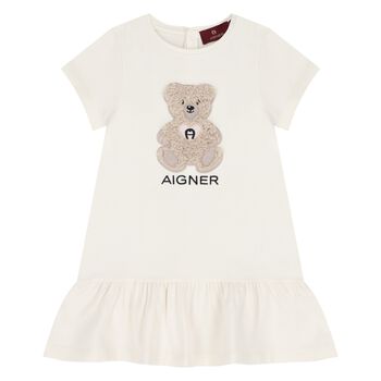 Younger Girls Ivory Teddy Bear Logo Dress