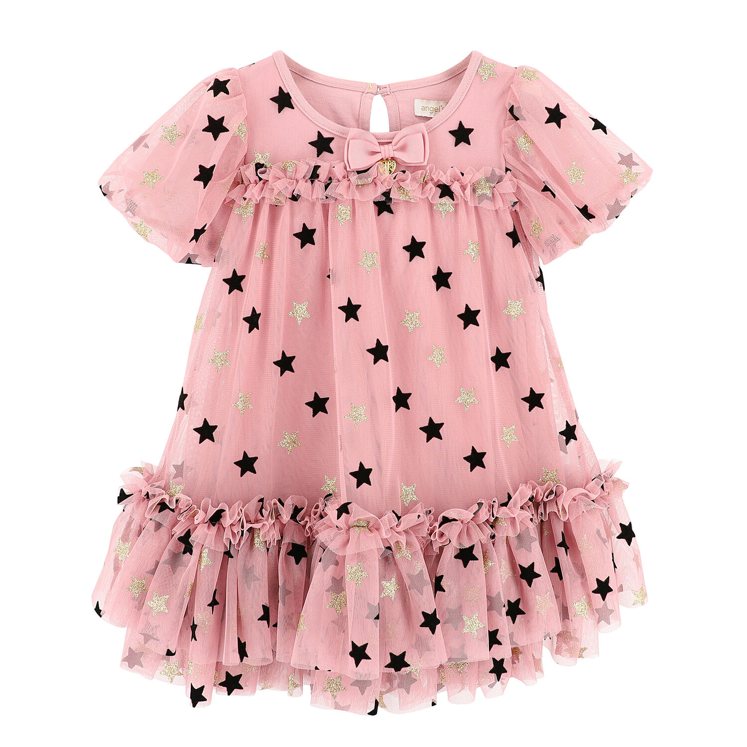 Girls Pink, Gold & Black Stars Tulle Dress, 1, hi-res