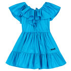 Girls Blue Ruffle Logo Dress, 1, hi-res