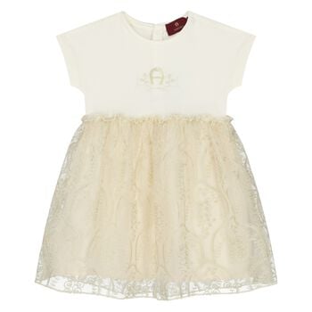 Younger Girls Ivory & Gold Logo Dress