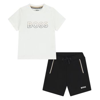  Younger Boys White & Black Logo Shorts Set