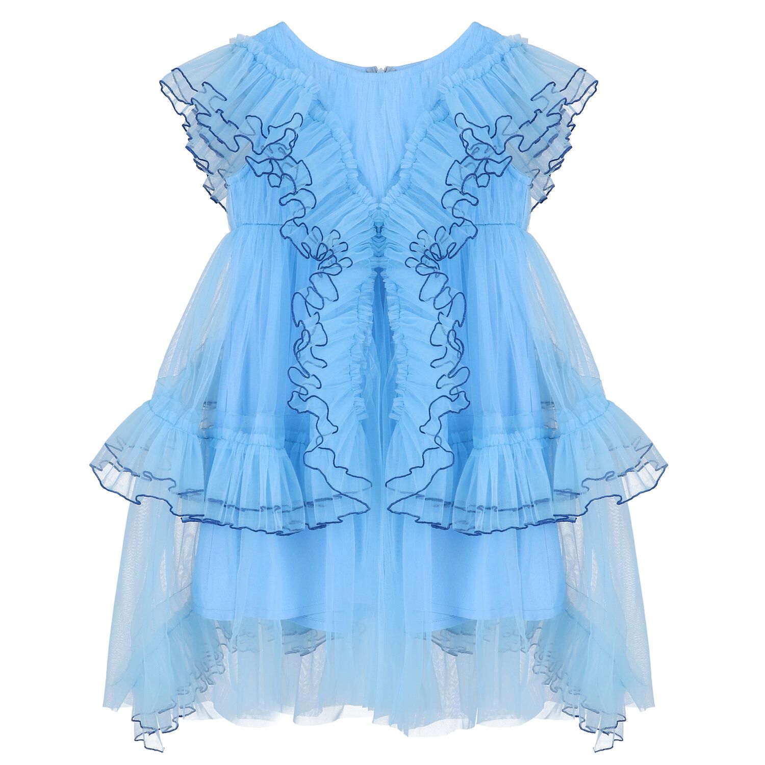 Girls Blue Tulle Ruffle Dress, 1, hi-res
