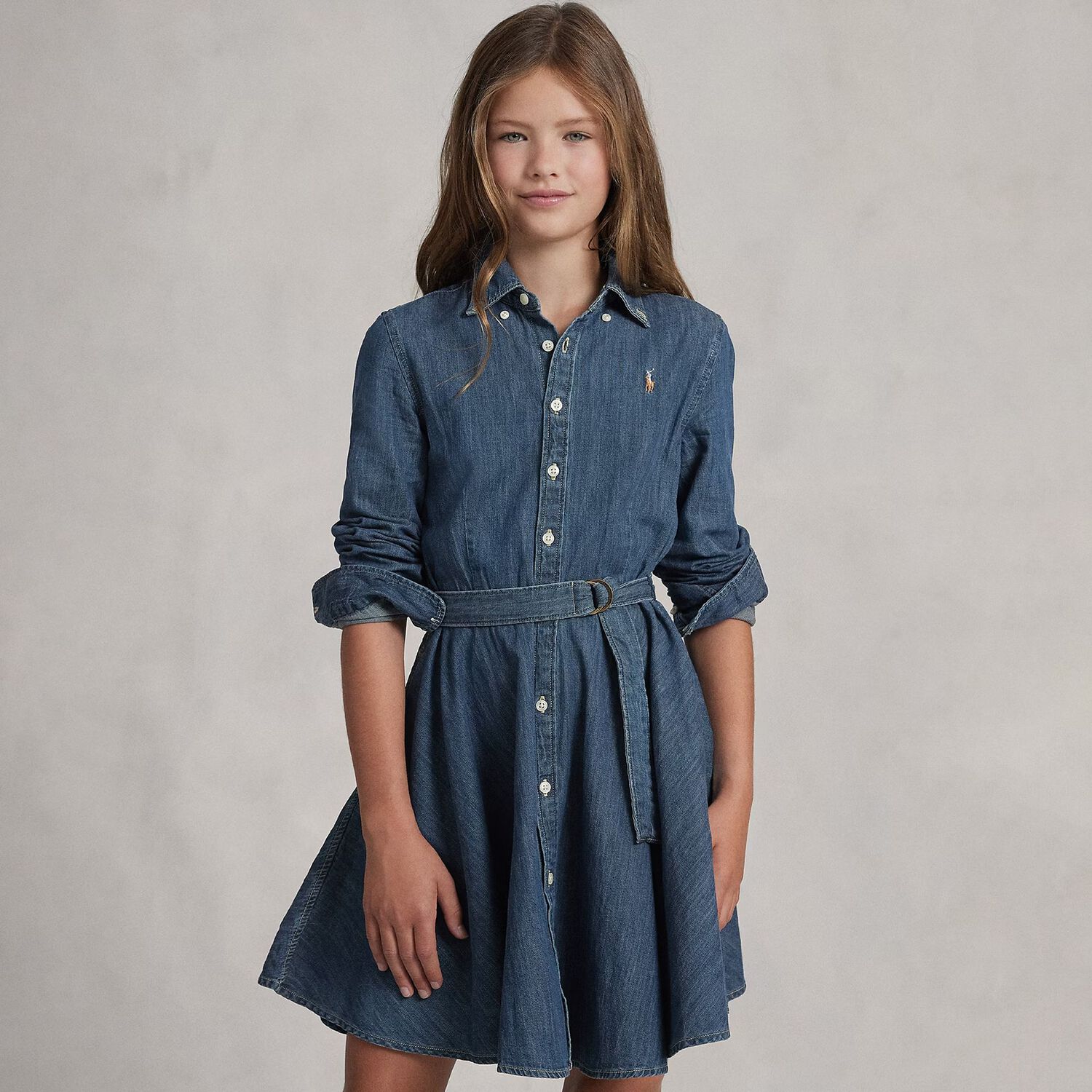 Girls Blue Denim Shirt Dress, 2, hi-res