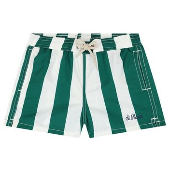 Boys Green & White Logo Striped Swim Shorts