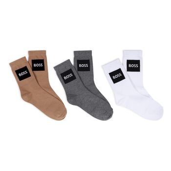 Boys Grey, White & Beige Logo Socks ( 3-Pack ) 