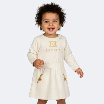 Younger Girls Ivory & Gold Logo Dress