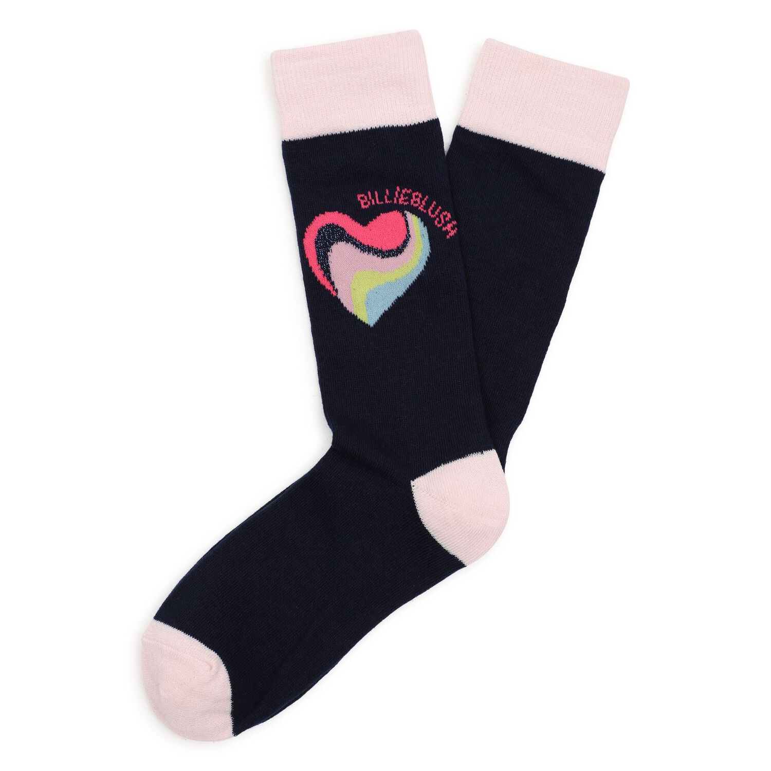 Girls Navy Blue & Pink Heart Socks, 1, hi-res