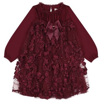 Girls Burgundy 3D Flower & Sequin Tulle Margot Dress