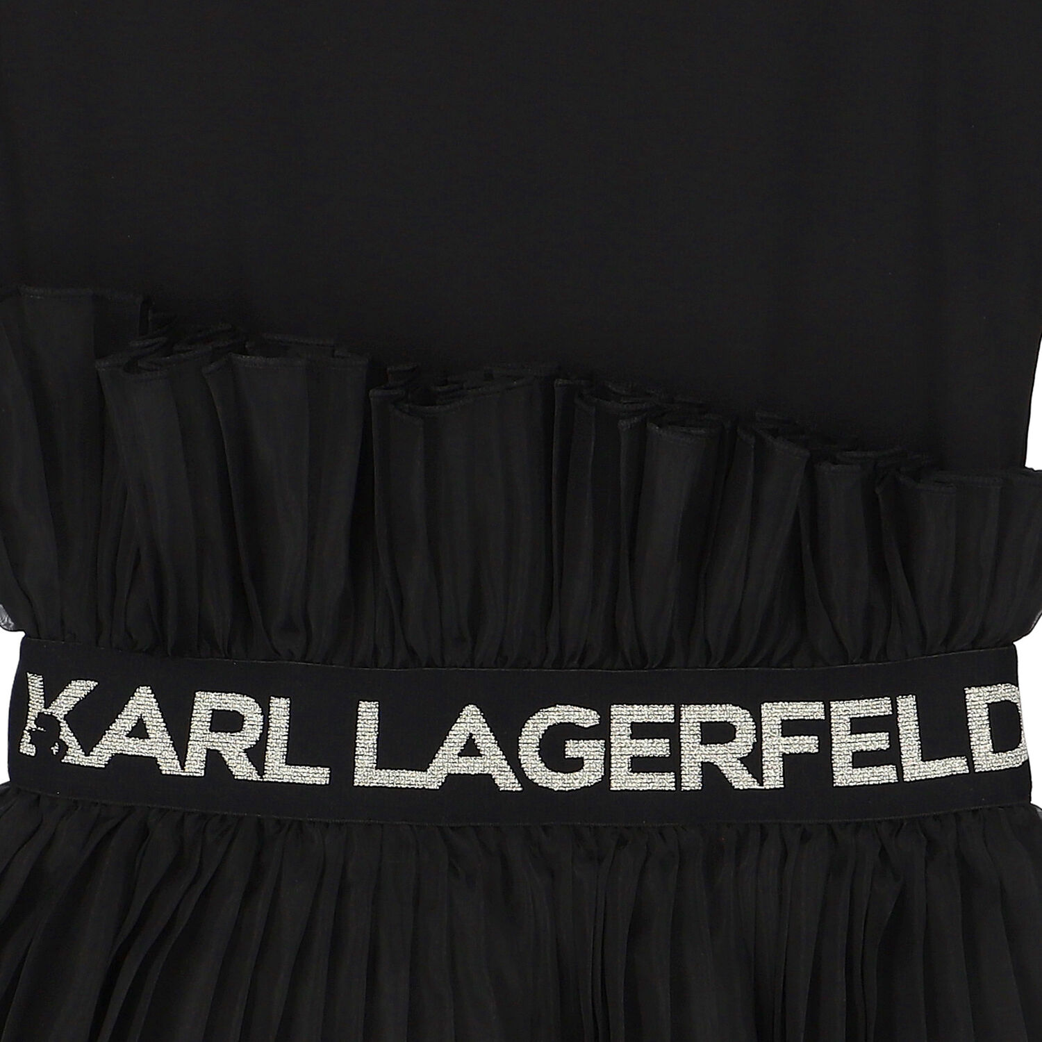 Girls Black Logo Pleated Organza Dress, 1, hi-res