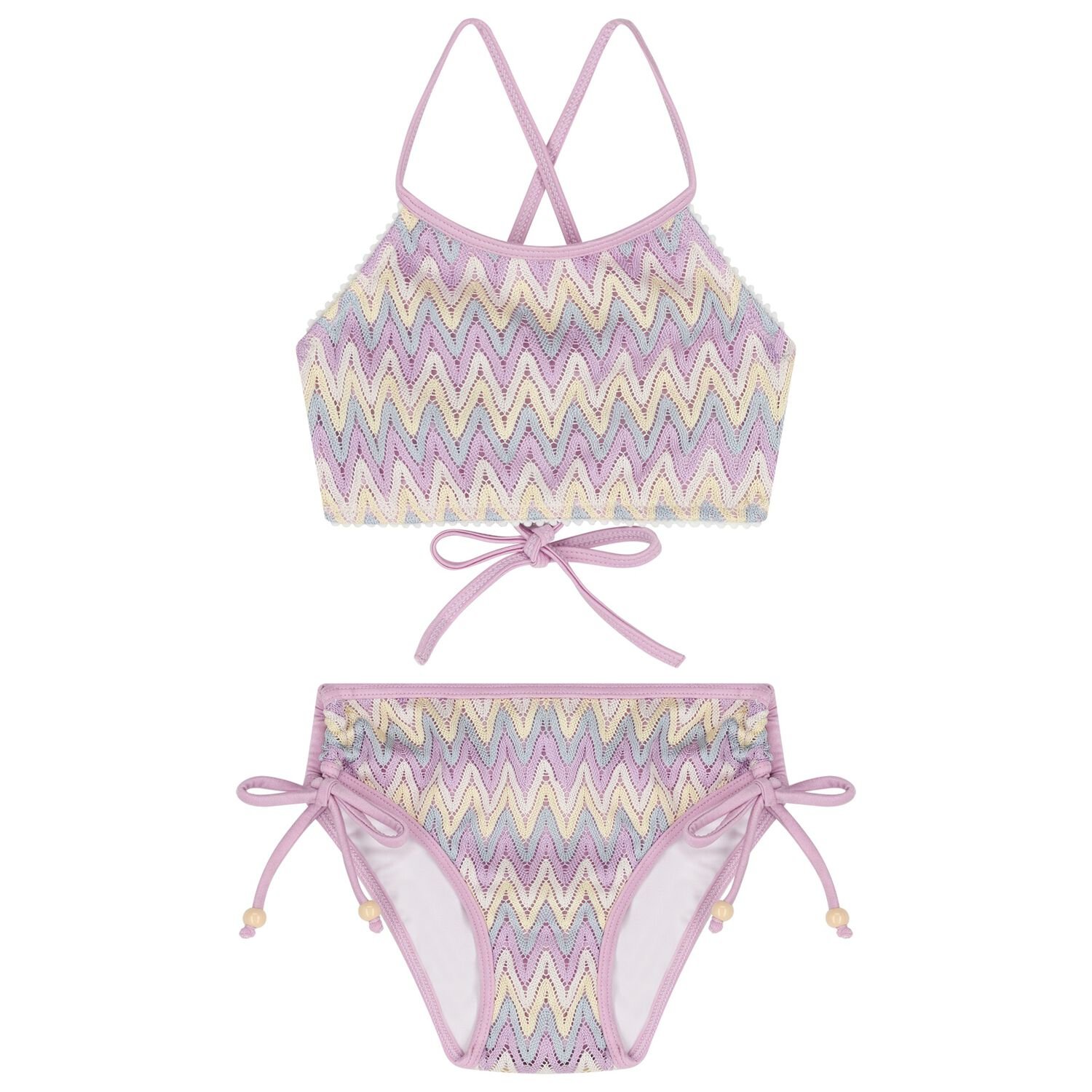 Girls Lilac & Ivory Zig-Zag Crochet Bikini, 1, hi-res