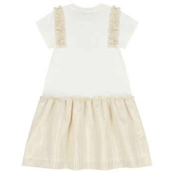 Girls Ivory & Gold Logo Dress