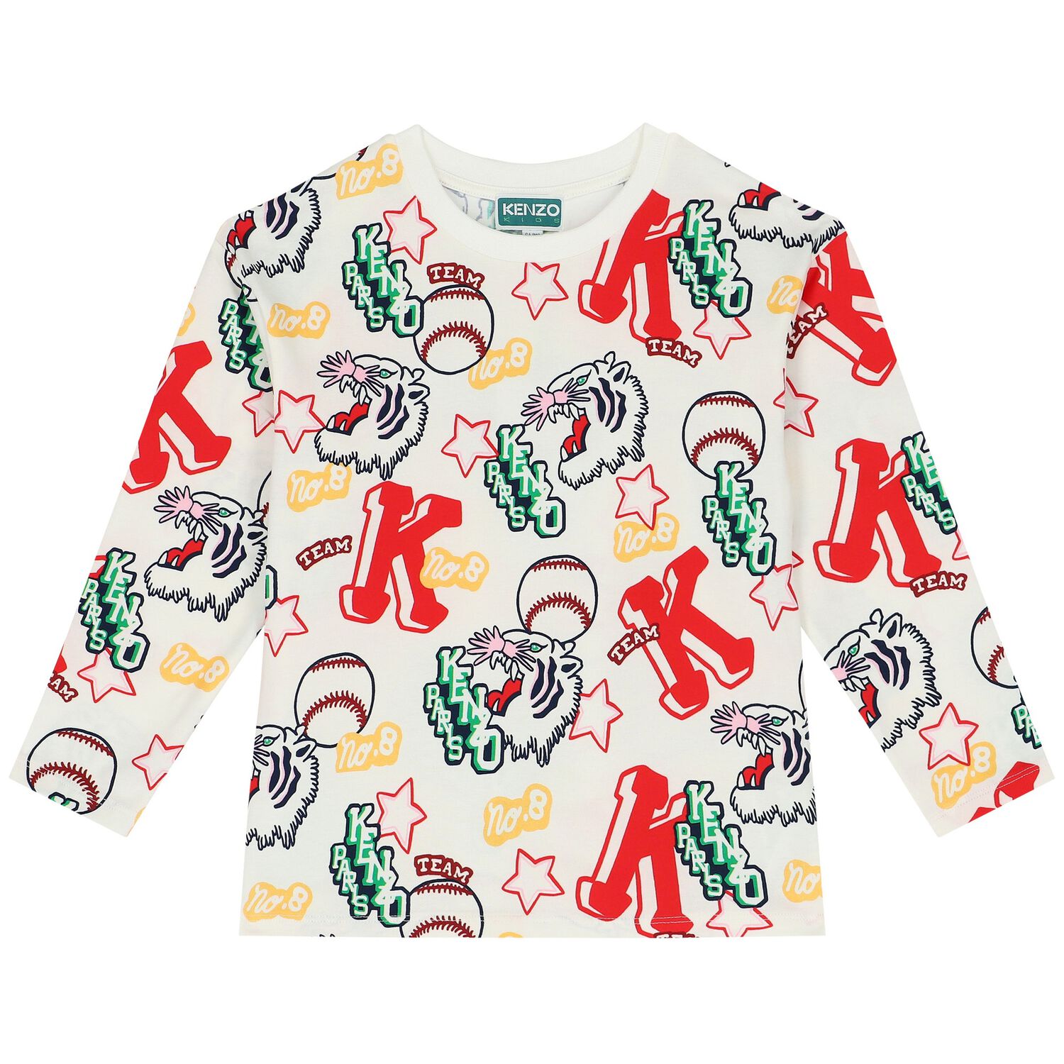 توب باكمام طويلة بالشعار باللون الأبيض للبنات, 1, hi-res