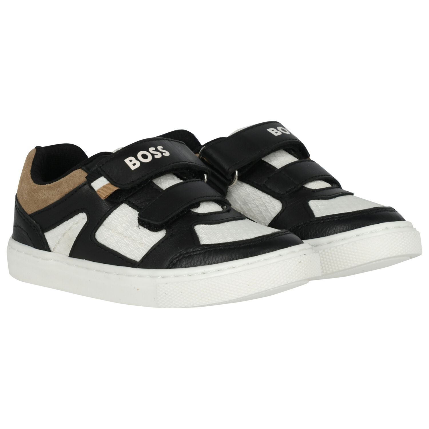 Boys Black, White & Beige Logo Trainers, 1, hi-res