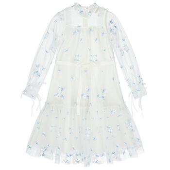 Girls White & Blue Floral Tulle Dress 