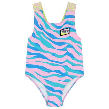Girls Blue & Pink Logo Swimsuit