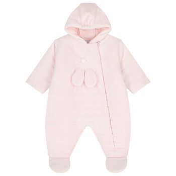 Baby Girls Pink Bunny Fleece Hooded Pramsuit