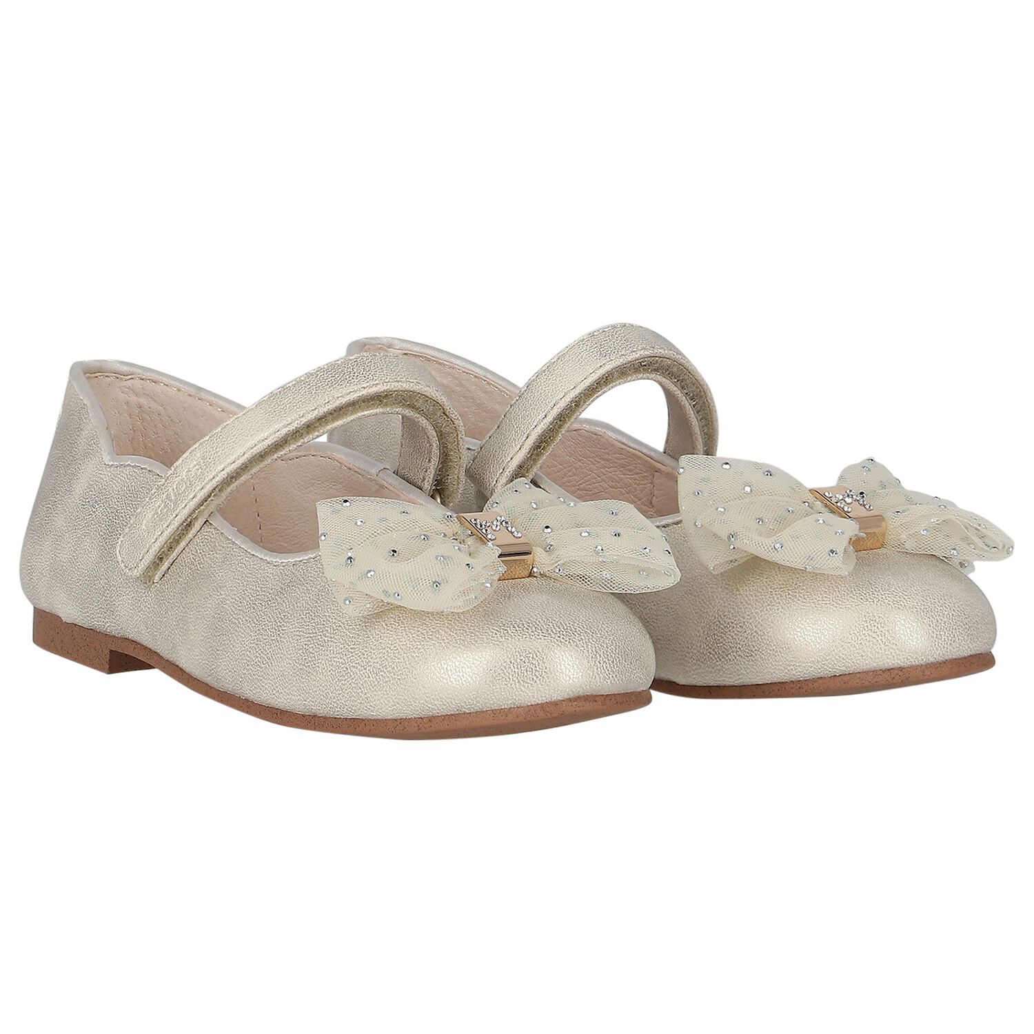 Girls Gold Bow Shoes, 1, hi-res