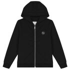 Boys Black Logo Hooded Zip Up Top, 1, hi-res