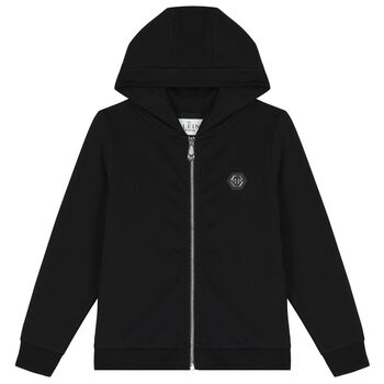 Boys Black Logo Hooded Zip Up Top