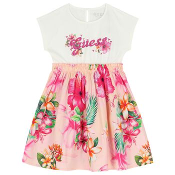 Girls Ivory & Pink Logo Floral Dress