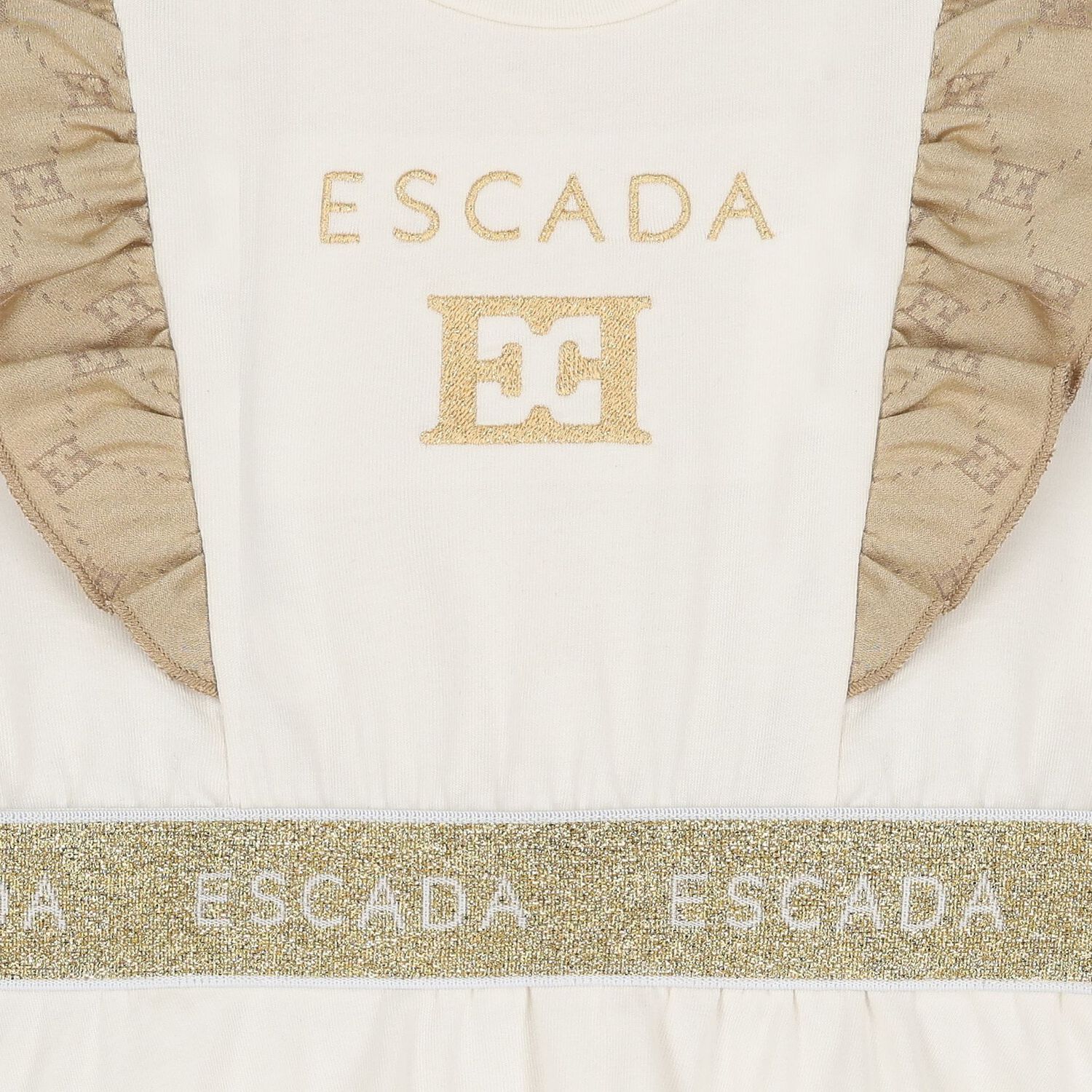 Younger Girls Ivory & Gold Logo Ruffled Dress, 1, hi-res