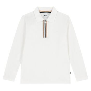 Boys White Logo Long Sleeve Polo Shirt