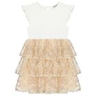 فستان بنات تول مزين بالترتر باللون البيج والعاجي, 1, hi-res