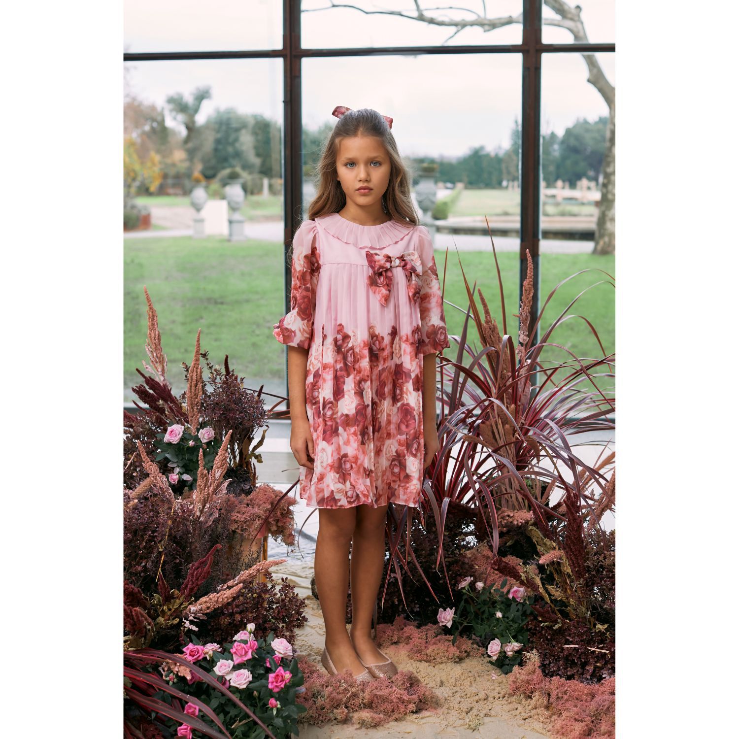 Girls Pink Floral Chiffon Dress, 1, hi-res