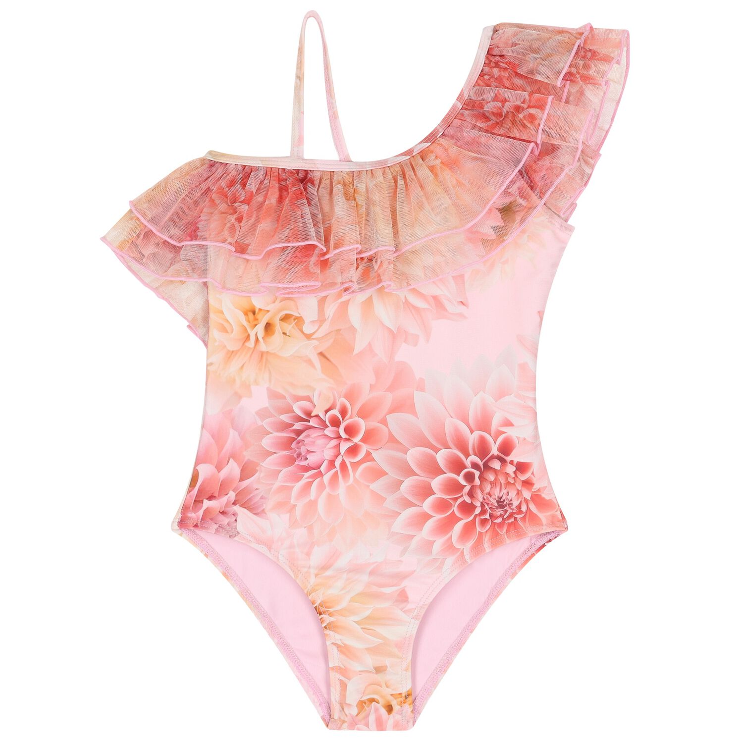 Girls Orange Floral Ruffle Swimsuit (UPF50+), 2, hi-res image number null