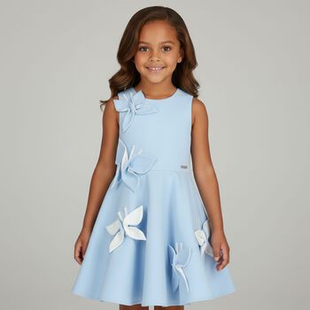 Girls Blue Butterfly Satin Dress