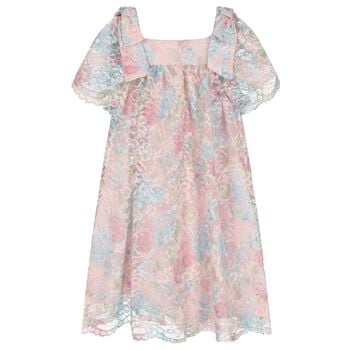 Girls Pink, Blue & Green Floral Lace Dress 