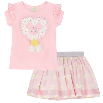 Girls Pink Floral Heart Skirt Set