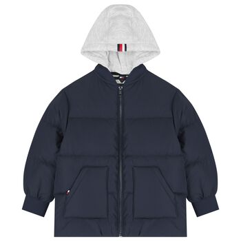 Boys Navy Blue & Grey Logo Puffer Jacket