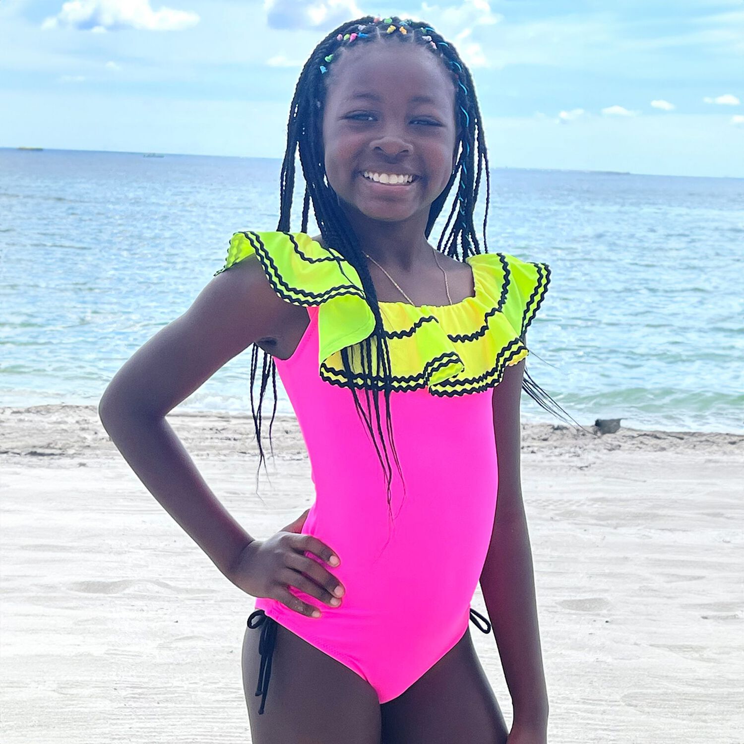 Girls Pink & Yellow Swimsuit, 1, hi-res