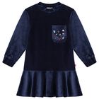 Girls Navy Blue Velvet Long Sleeve Dress, 1, hi-res