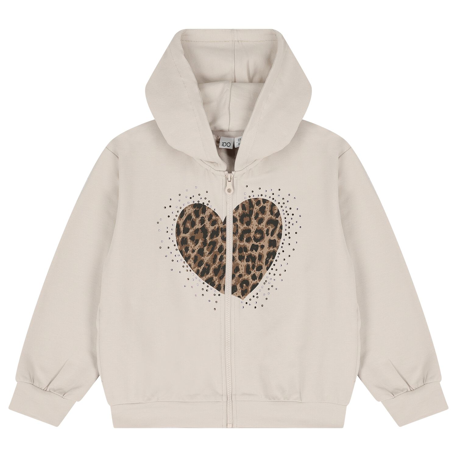 Girls Beige Heart Hooded Zip Up Top, 1, hi-res