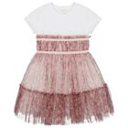 فستان تول بالشعار باللون الأبيض والبيج للبنات, 1, hi-res